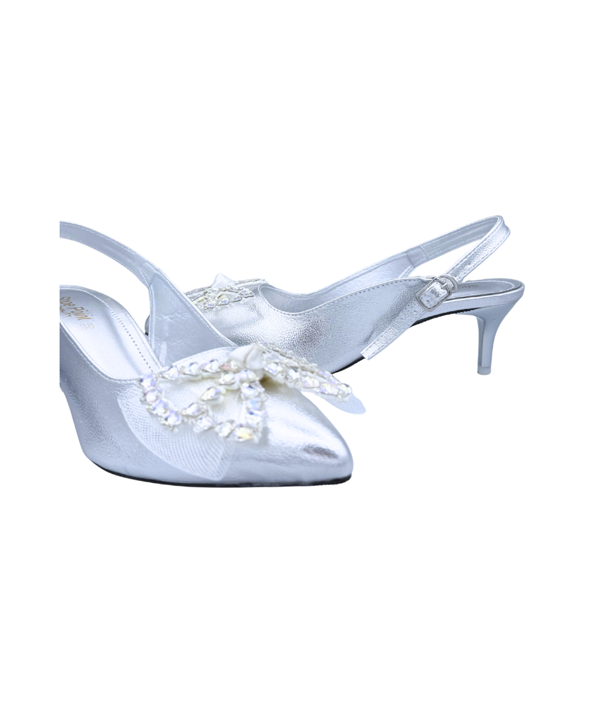Sandalique MH10026 Silver Crystal Bow Slingback Kitten Heels