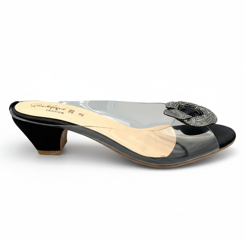 Sandalique MH1002 Black1 Crystal Bloom Clear-Strap Mules