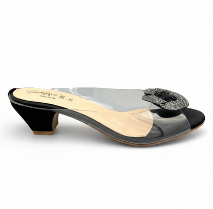 Sandalique MH1002 Black1 Crystal Bloom Clear-Strap Mules