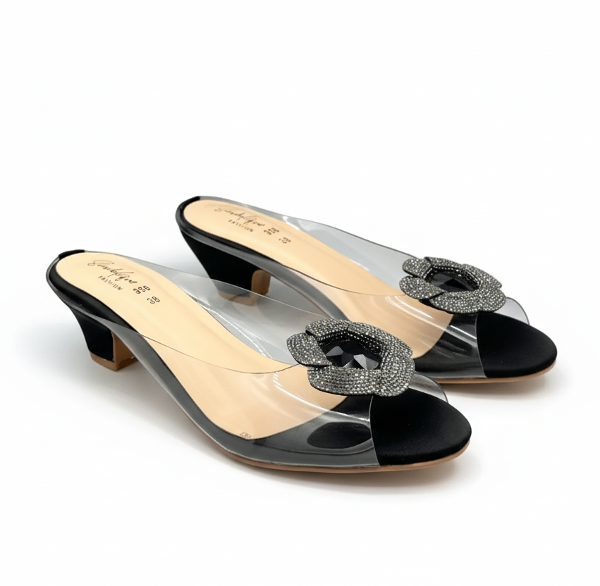 Sandalique MH1002 Black2 Crystal Bloom Clear-Strap Mules
