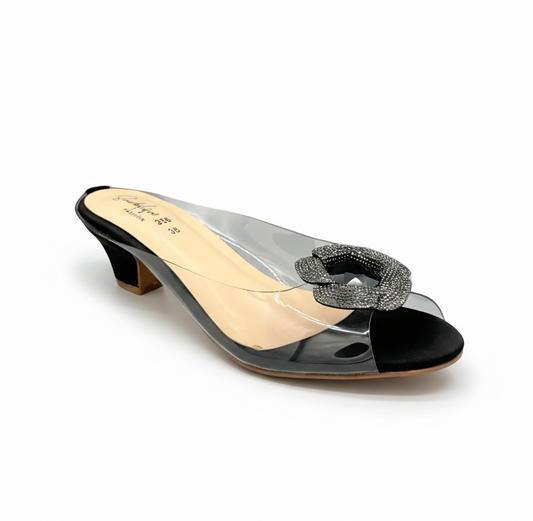 Sandalique MH1002 Black Crystal Bloom Clear-Strap Mules