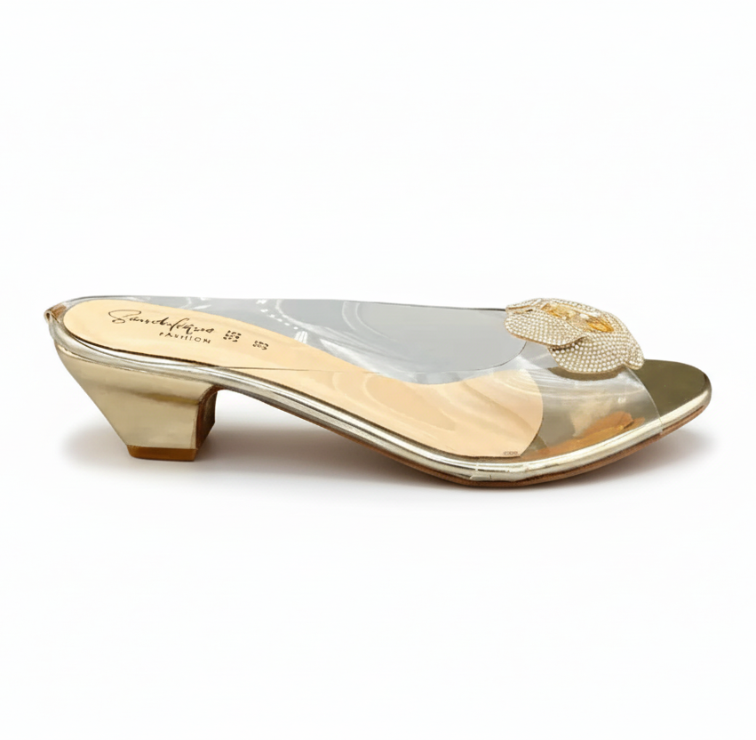 Sandalique MH1002 Gold1 Crystal Bloom Clear-Strap Mules