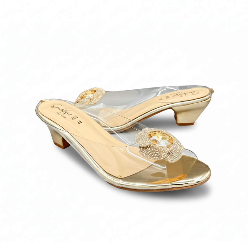 Sandalique MH1002 Gold2 Crystal Bloom Clear-Strap Mules