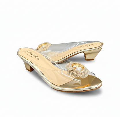 Sandalique MH1002 Gold2 Crystal Bloom Clear-Strap Mules