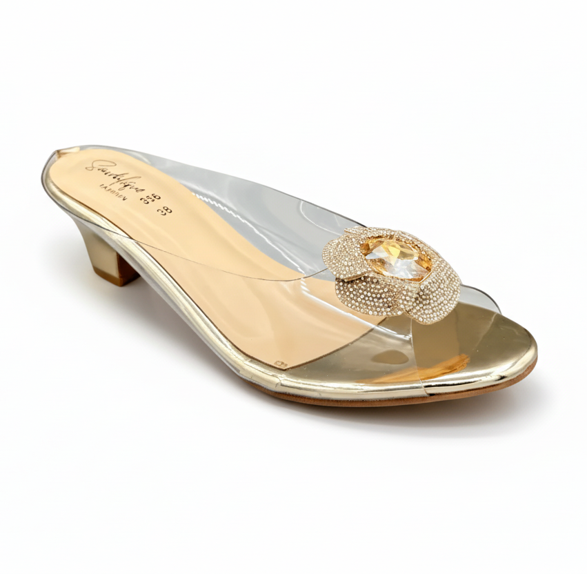 Sandalique MH1002 Gold Crystal Bloom Clear-Strap Mules