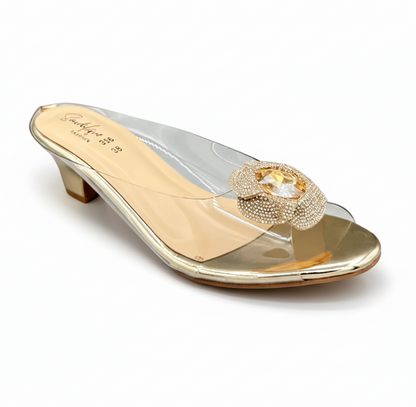 Sandalique MH1002 Gold Crystal Bloom Clear-Strap Mules
