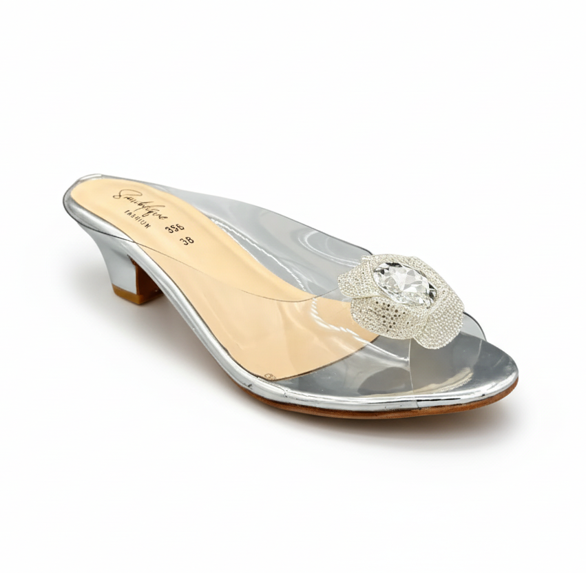 Sandalique MH1002 Silver Crystal Bloom Clear-Strap Mules