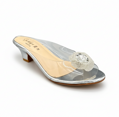 Sandalique MH1002 Silver Crystal Bloom Clear-Strap Mules