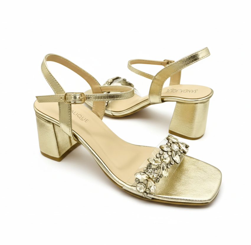 Sandalique MH10031 Gold1 Embellished Block Heel Sandals