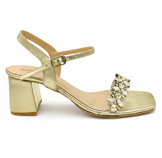 Sandalique MH10031 Gold Embellished Block Heel Sandals