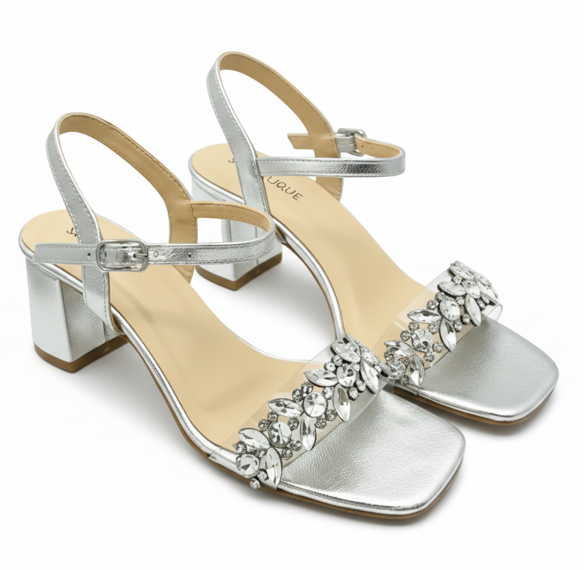 Sandalique MH10031 Silver1 Embellished Block Heel Sandals