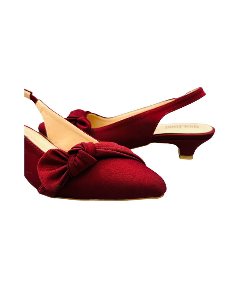 Sandalique SM10036 Maroon Satin Bow Slingback Heels