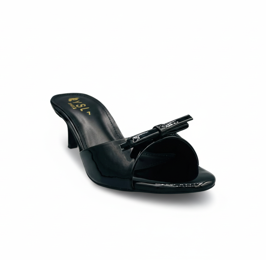 Sandalique SM10040 Black Patent Bow Kitten Heel Slides