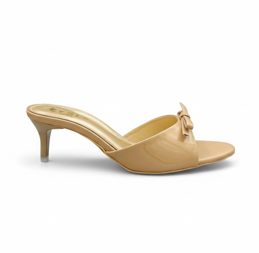 Sandalique SM10040 beige Patent Bow Kitten Heel Slides