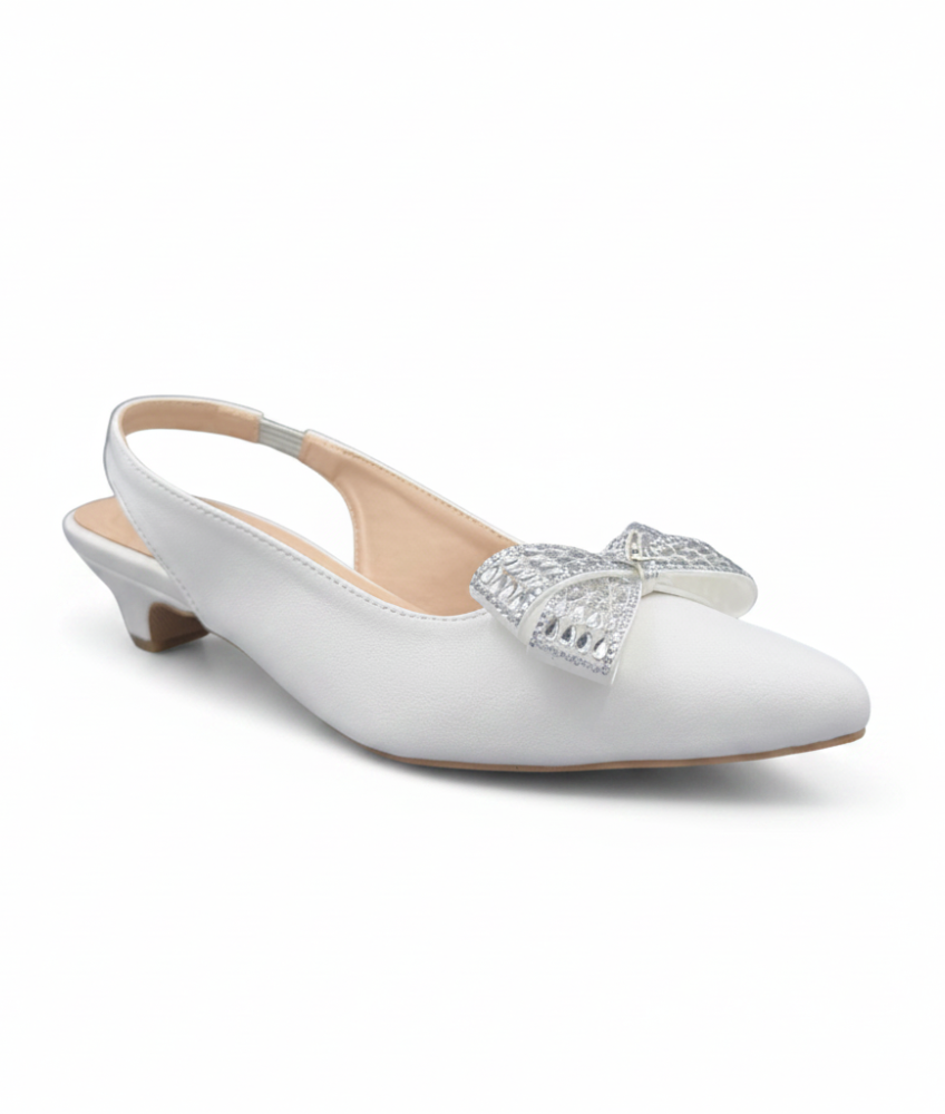 Sandalique SM1007 White Crystal Bow Slingback Pumps