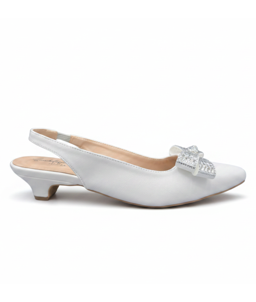 Sandalique SM1007 White Crystal Bow Slingback Pumps