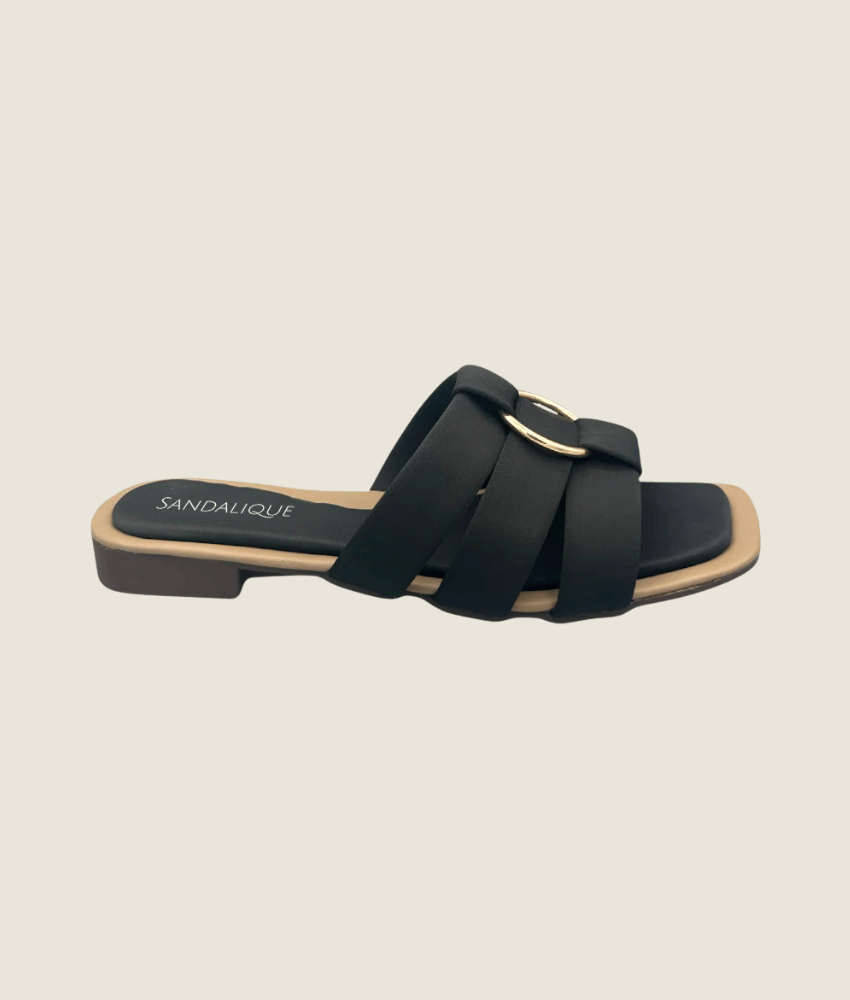 Women’s black buckle strap flat slippers with gold buckle – Sandalique