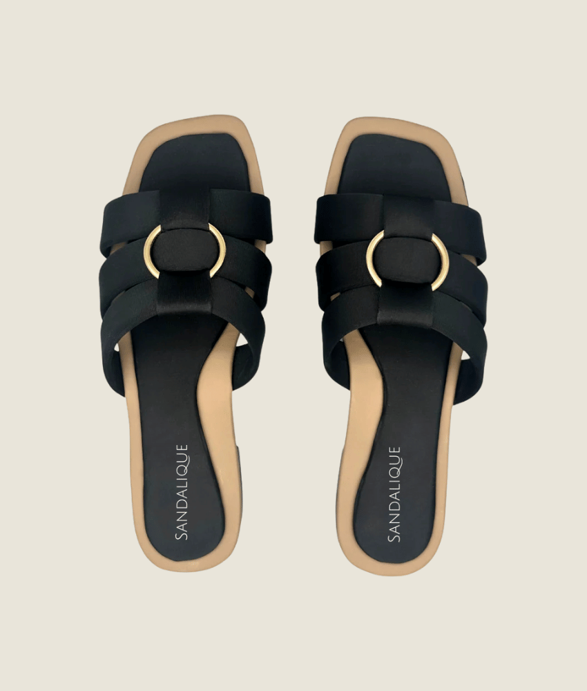 Women’s black buckle strap flat slippers with gold buckle – Sandalique