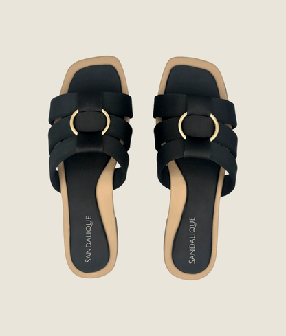 Women’s black buckle strap flat slippers with gold buckle – Sandalique