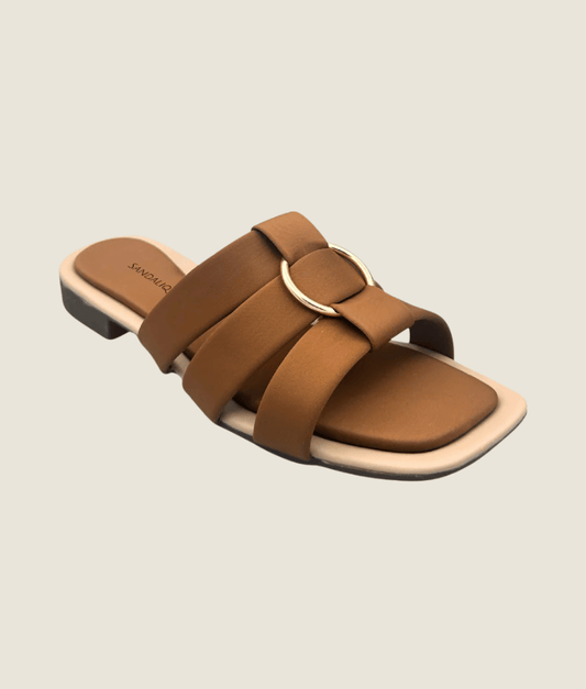 Women’s mustard flat slippers with gold buckle detail – Sandalique casual footwear