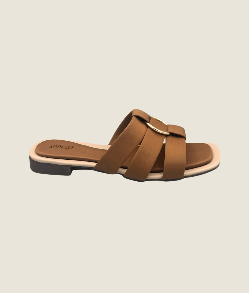 Women’s mustard flat slippers with gold buckle detail – Sandalique casual footwear