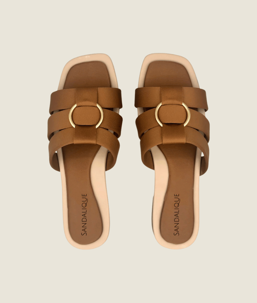 Women’s mustard flat slippers with gold buckle detail – Sandalique casual footwear
