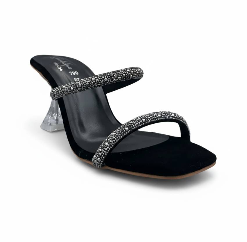 sandalique HH10024 Black 2 Dual Straps Heels