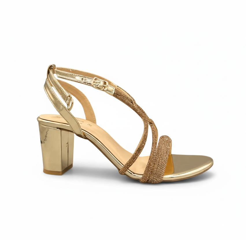 sandalique HH10025 Gold 2 Elegant Strappy Block Heel