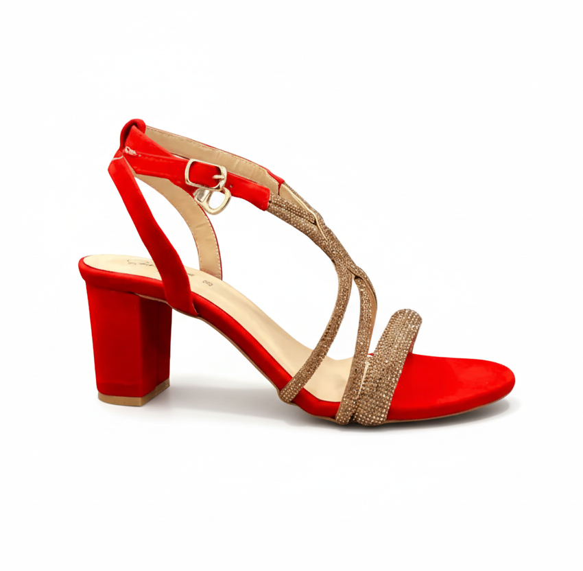 sandalique HH10025 Red 2 Elegant Strappy Block Heel