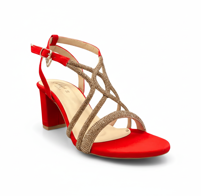 sandalique HH10025 Red Elegant Strappy Block Heel