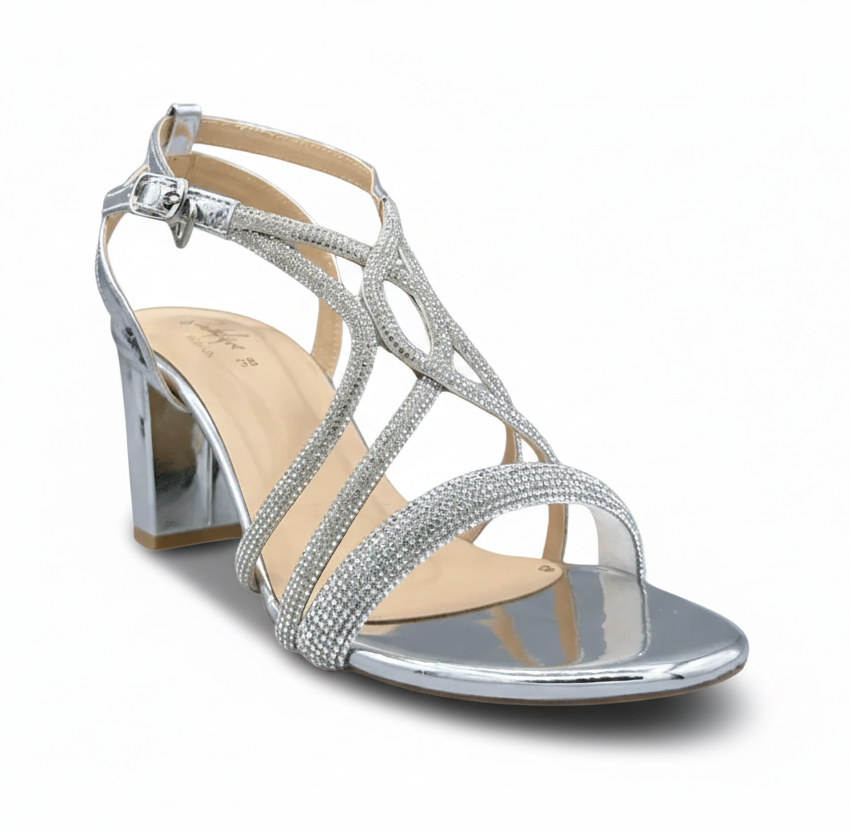 sandalique HH10025 Silver 2 Elegant Strappy Block Heel
