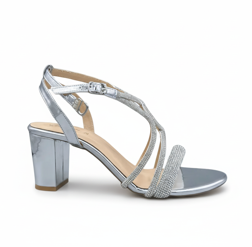 sandalique HH10025 Silver Elegant Strappy Block Heel