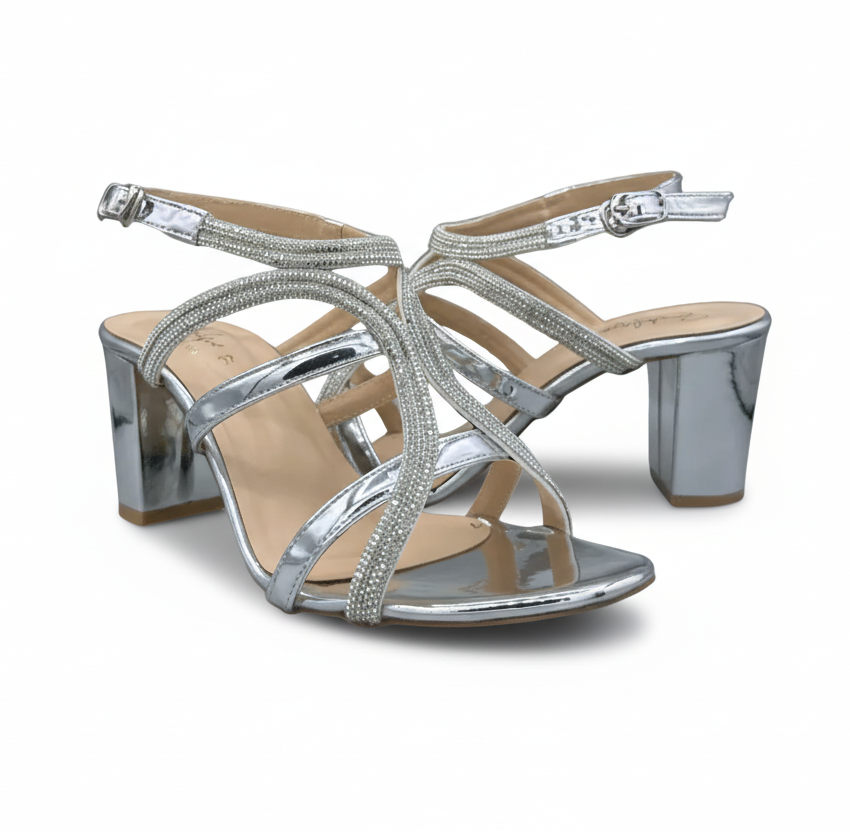 sandalique HH10027 Silver 1 Bridal Block Heel Sandals