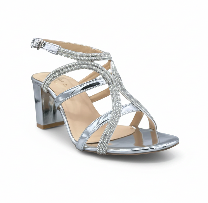 sandalique HH10027 Silver Bridal Block Heel Sandals