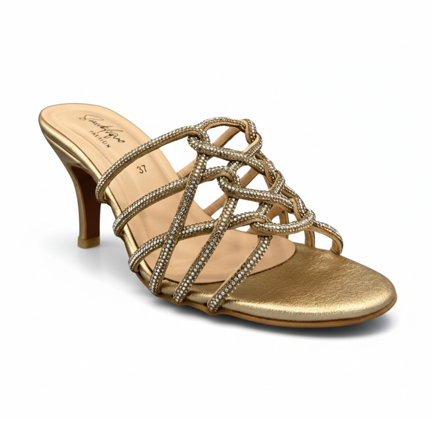 sandalique HH10040 Gold Crystal Strappy Heels