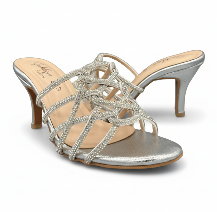 sandalique HH10040 Silver2 Crystal Strappy Pencil Heels