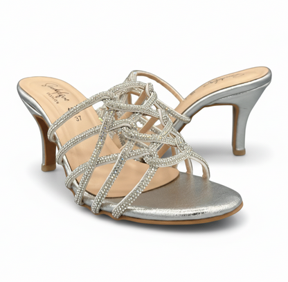 sandalique HH10040 Silver2 Crystal Strappy Pencil Heels