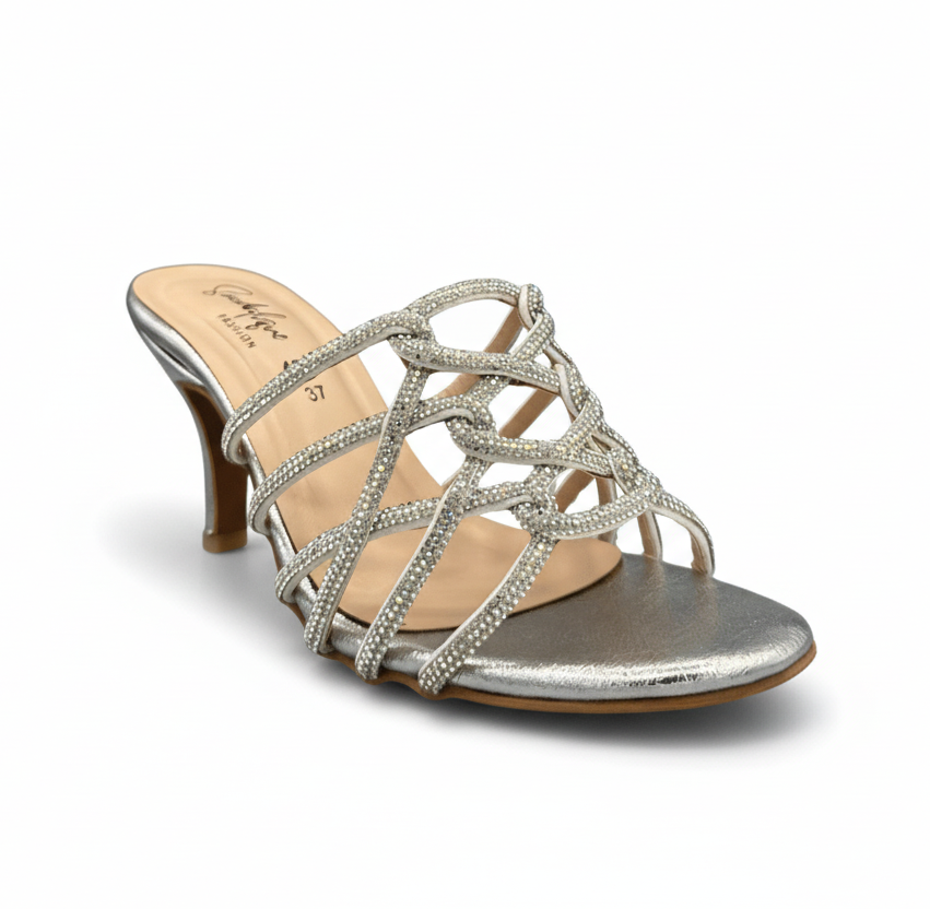 sandalique HH10040 Silver Crystal Strappy Heels